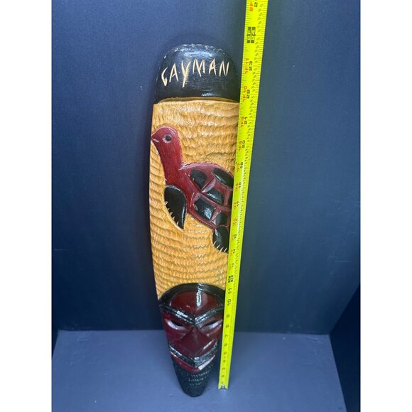 Vintage Cayman Island Wooden Carved Wall Decor Mask with Turtle 23.5" Tall - Picture 5 of 6